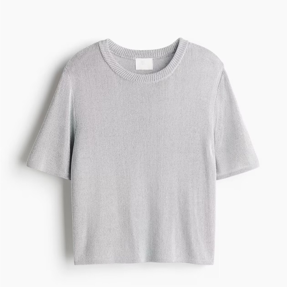 NWOT, H&M Shiny Silver Metallic Short Sleeve Knit Sweater T-shirt, Size L